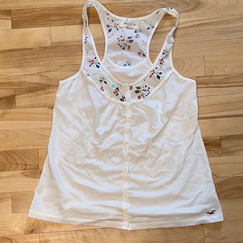 Hollister Women's White Tank Top with Colorful Floral Design